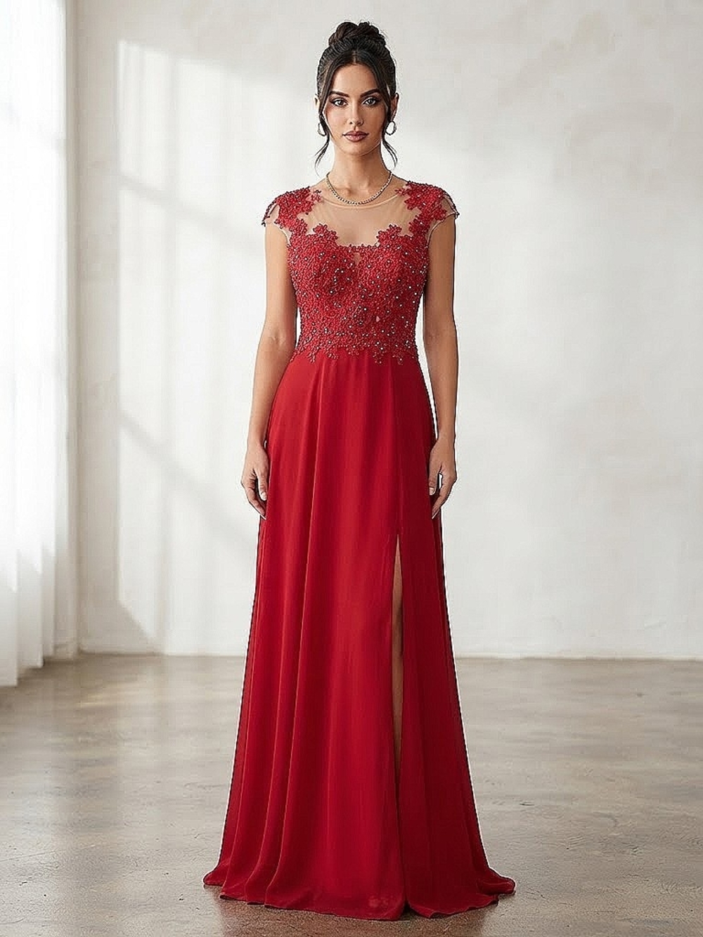 Red Beaded A-Line Prom Dress with Cap Sleeves